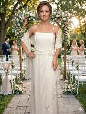 NWT Vintage Y2K F.I.E.S.T.A. Ivory Chiffon Column Gown w/ Shawl - L